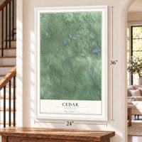 Cedar, Michigan map, 24 x 36 inch print in a white frame by a staircase