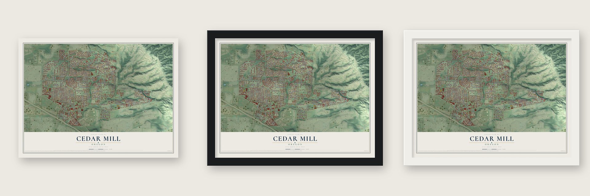 Cedar Mill, Oregon map unframed, in a black wood frame and in a white wood frame
