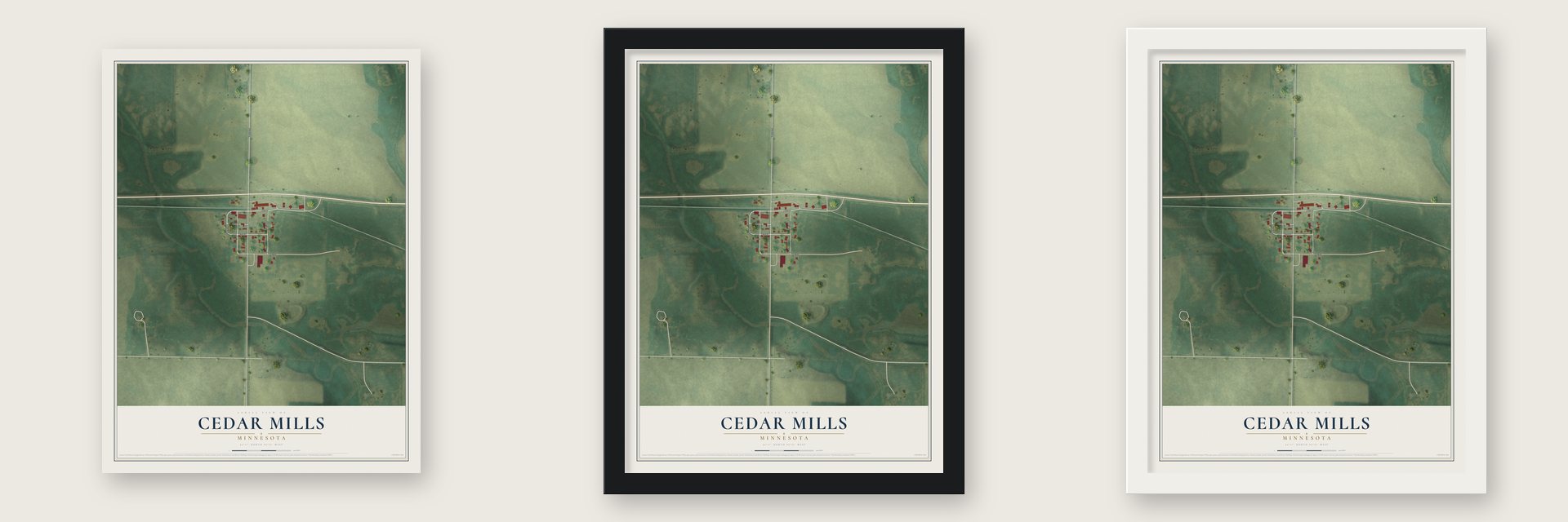 Cedar Mills, Minnesota map unframed, in a black wood frame and in a white wood frame