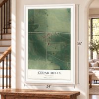 Cedar Mills, Minnesota map, 24 x 36 inch print in a white frame by a staircase