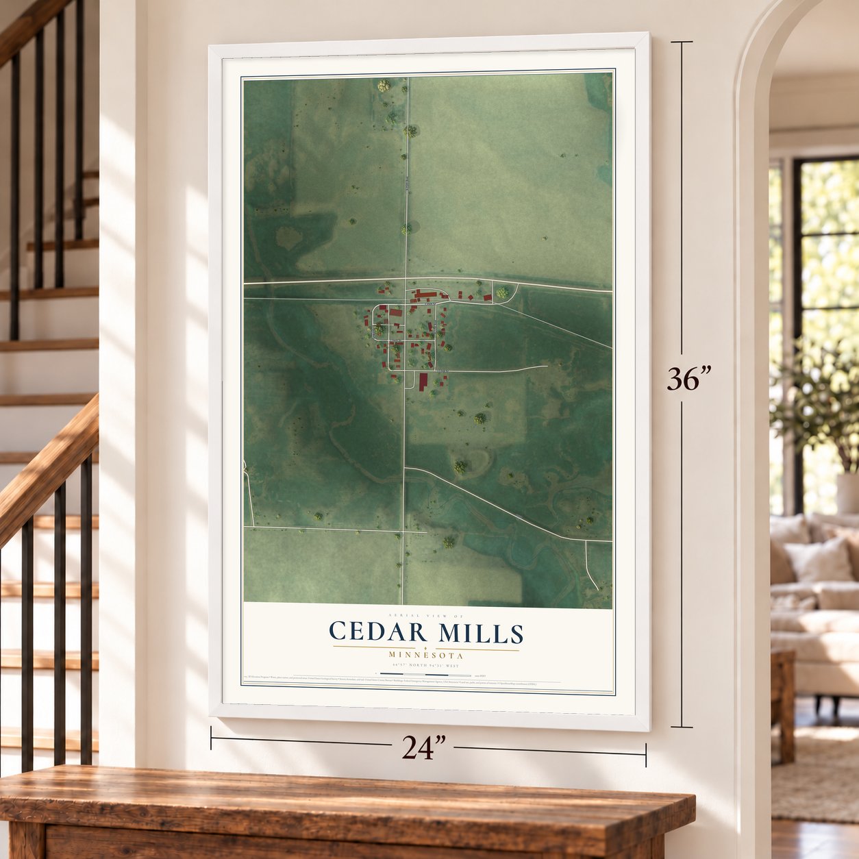 Cedar Mills, Minnesota map, 24 x 36 inch print in a white frame by a staircase