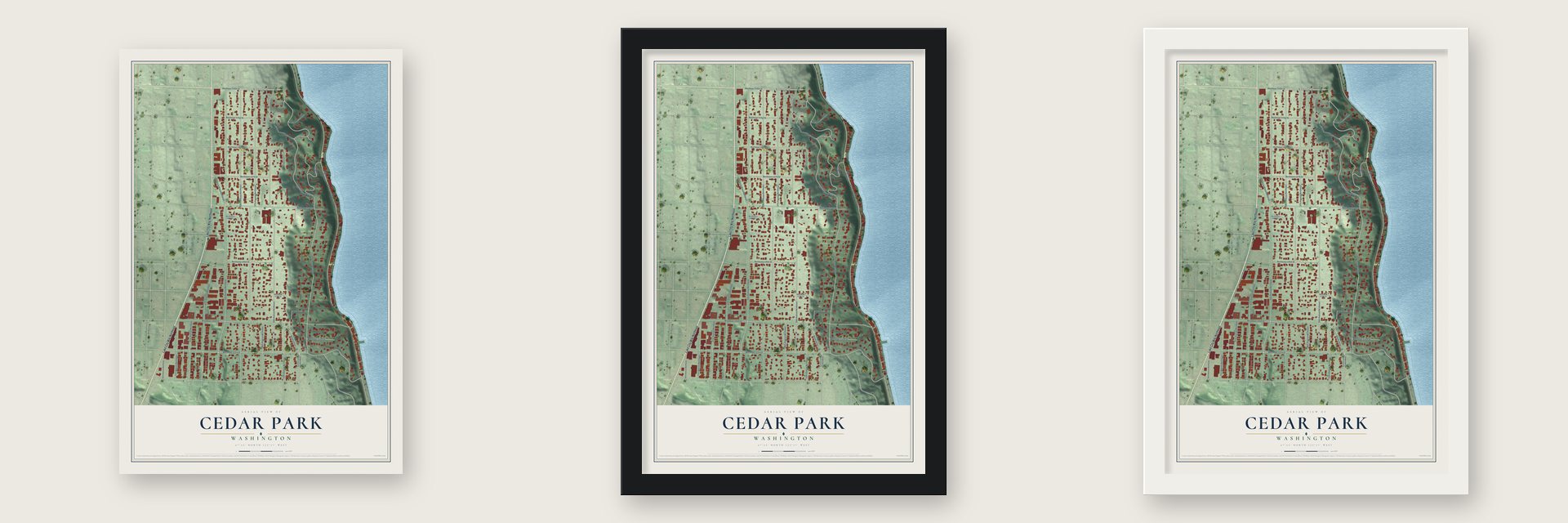 Cedar Park, Washington map unframed, in a black wood frame and in a white wood frame
