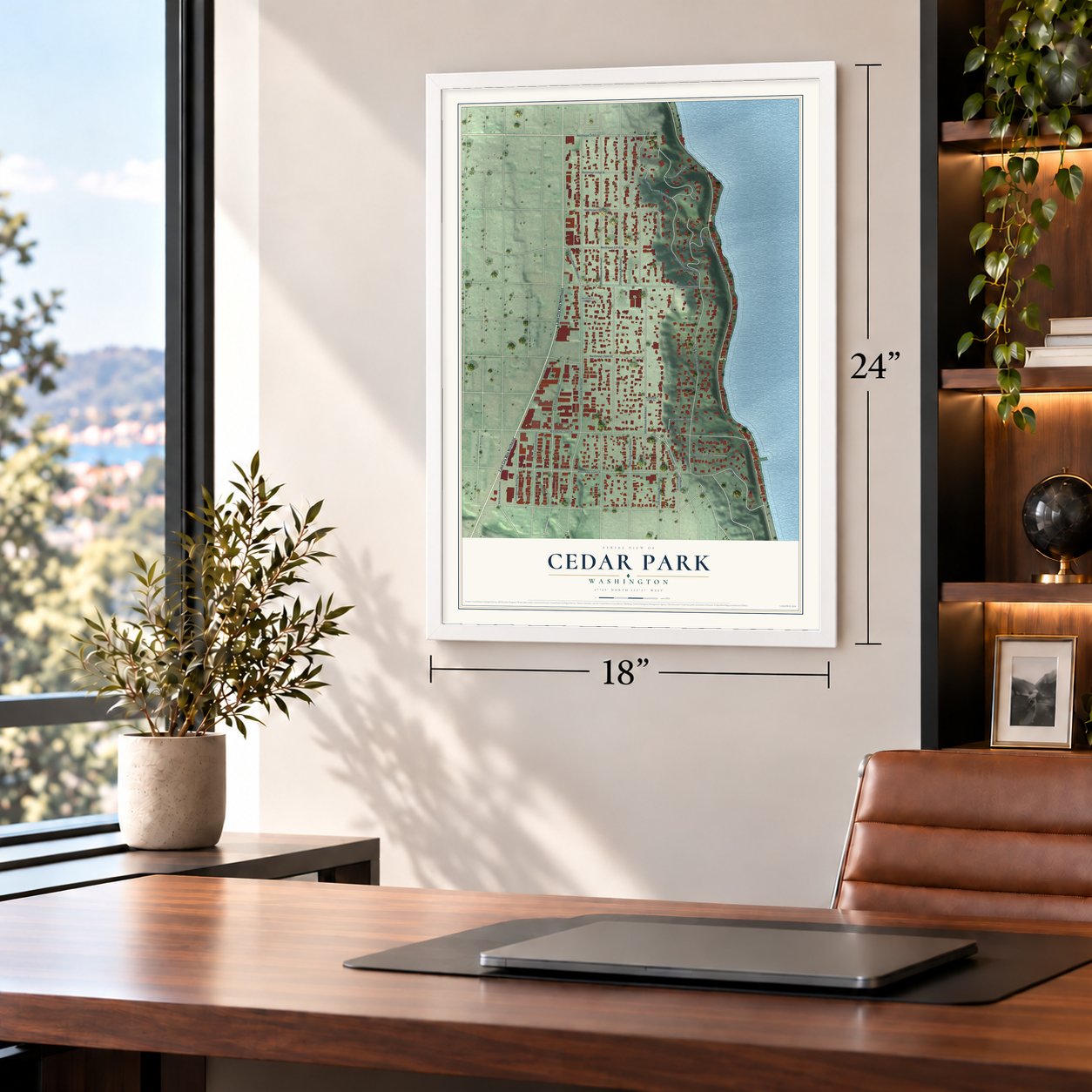 Cedar Park, Washington map, 18 x 24 inch print in a white frame in a home office