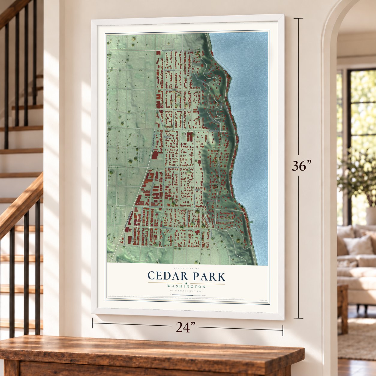 Cedar Park, Washington map, 24 x 36 inch print in a white frame by a staircase