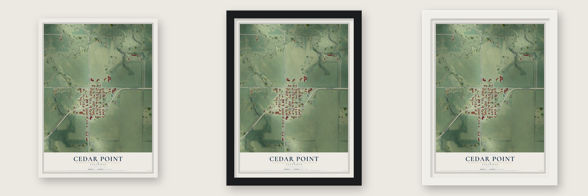 Cedar Point, Illinois map unframed, in a black wood frame and in a white wood frame