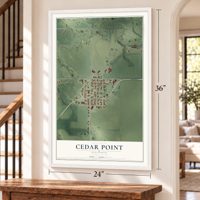 Cedar Point, Illinois map, 24 x 36 inch print in a white frame by a staircase