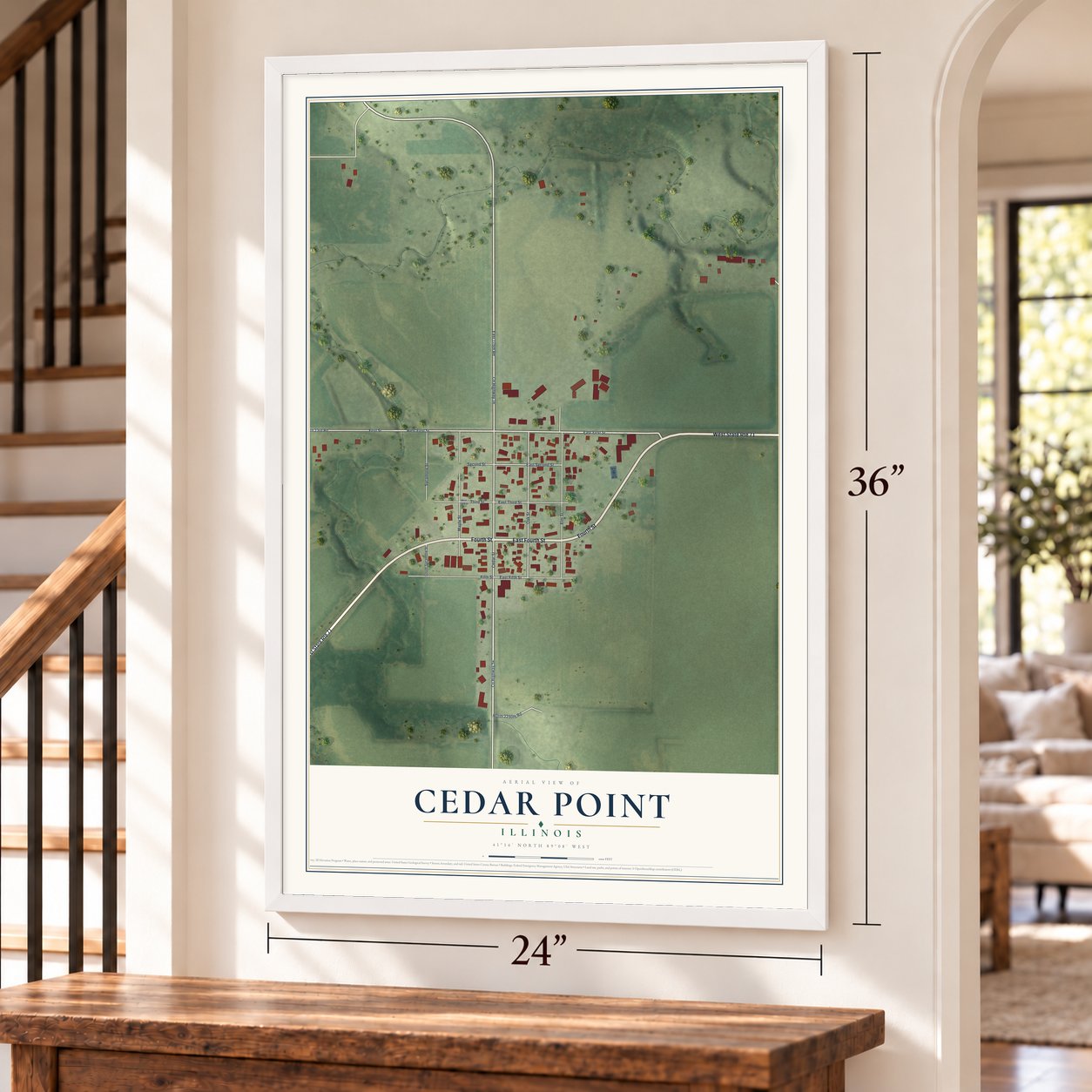 Cedar Point, Illinois map, 24 x 36 inch print in a white frame by a staircase
