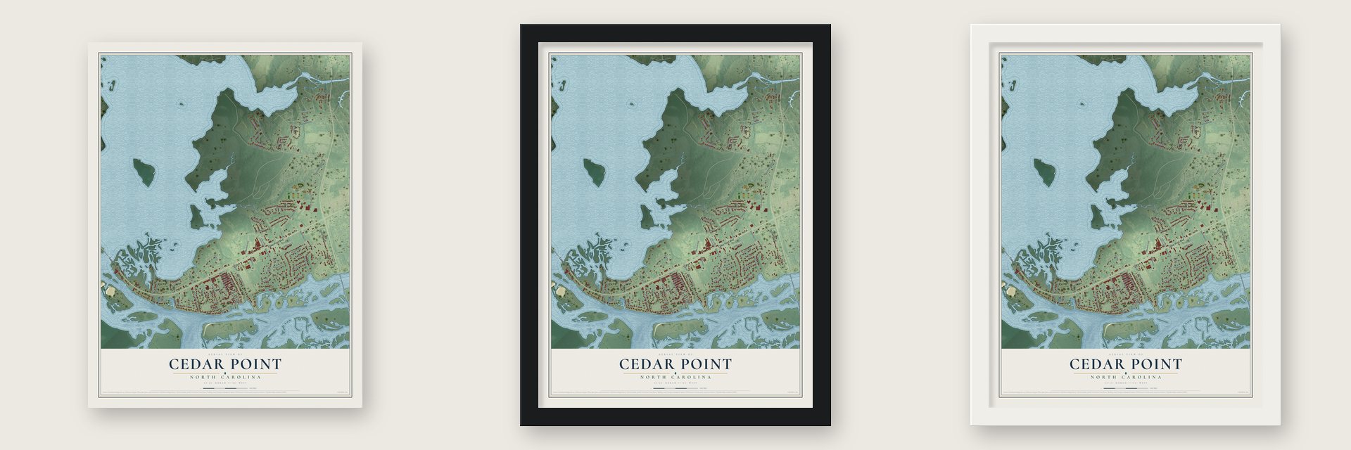 Cedar Point, North Carolina map unframed, in a black wood frame and in a white wood frame