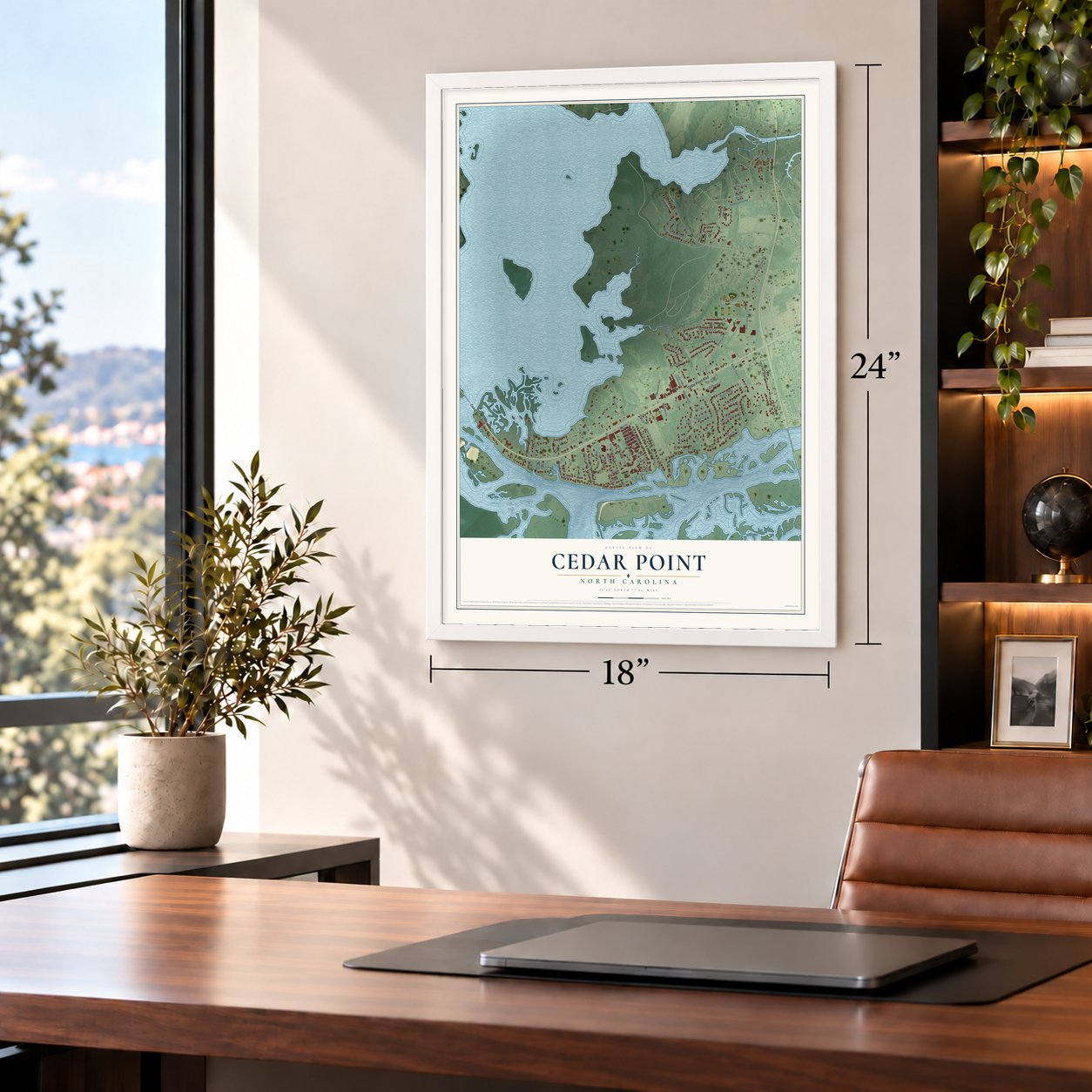 Cedar Point, North Carolina map, 18 x 24 inch print in a white frame in a home office