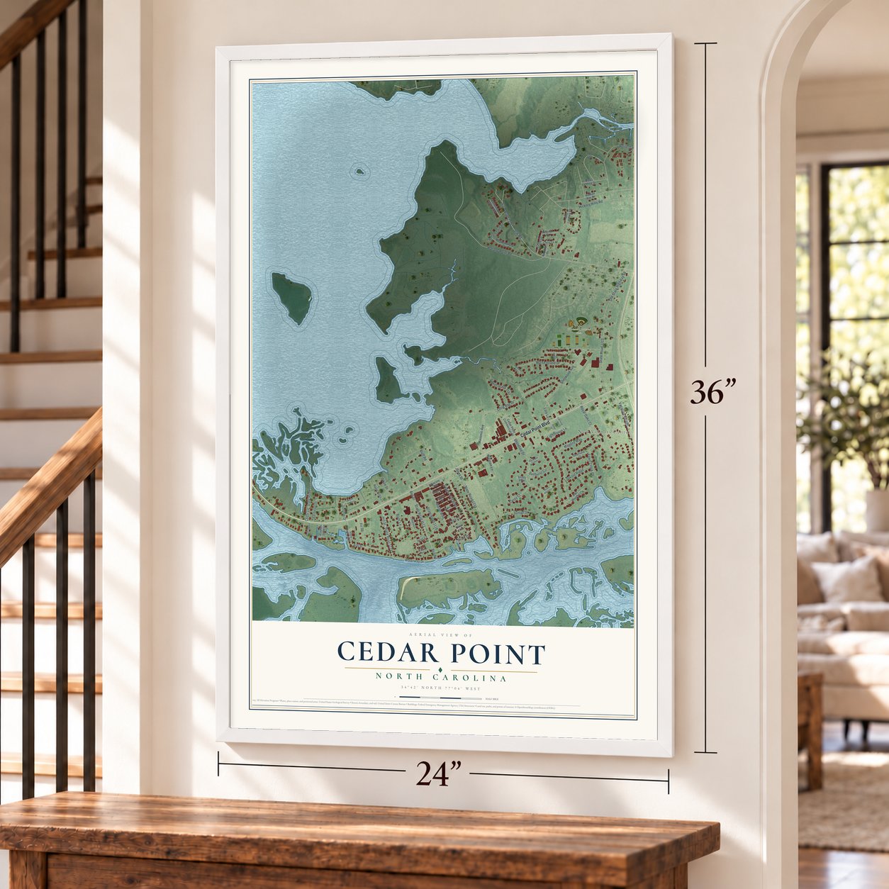 Cedar Point, North Carolina map, 24 x 36 inch print in a white frame by a staircase