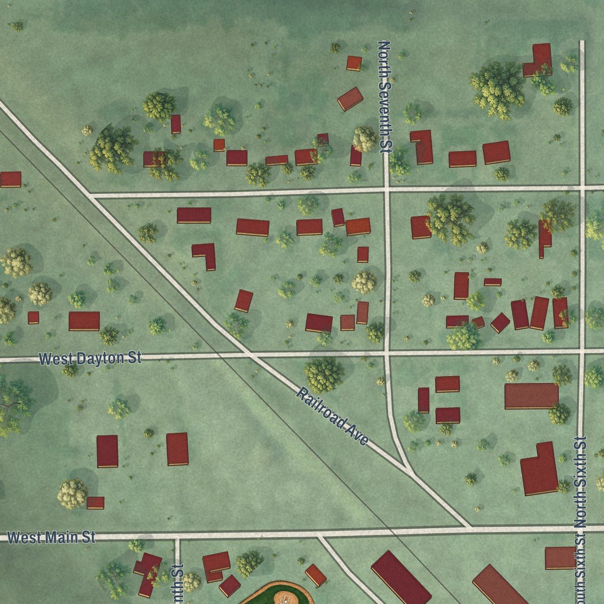 Second close-up of the map of Cedar Rapids, Nebraska print showing more streets and buildings