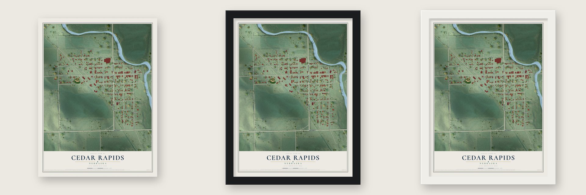 Cedar Rapids, Nebraska map unframed, in a black wood frame and in a white wood frame