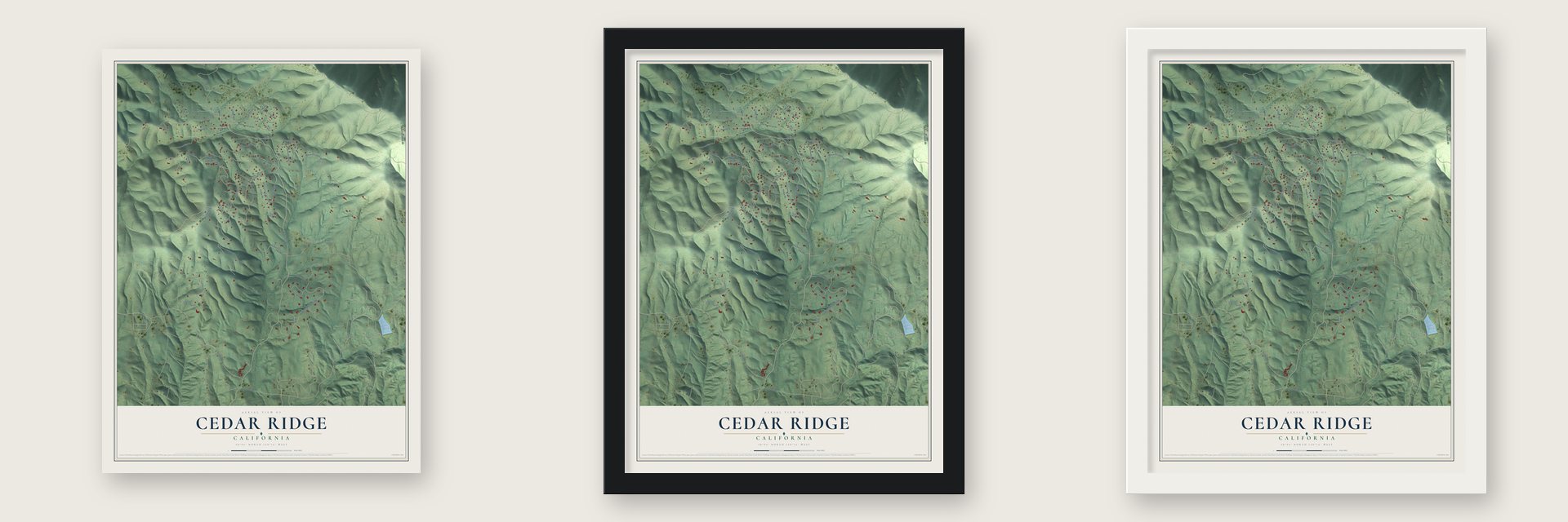 Cedar Ridge, California map unframed, in a black wood frame and in a white wood frame