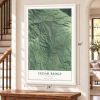 Cedar Ridge, California map, 24 x 36 inch print in a white frame by a staircase