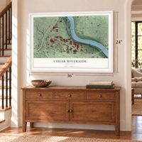 Cedar Riverside, Minnesota map, 24 x 36 inch print in a white frame above a dresser by a staircase