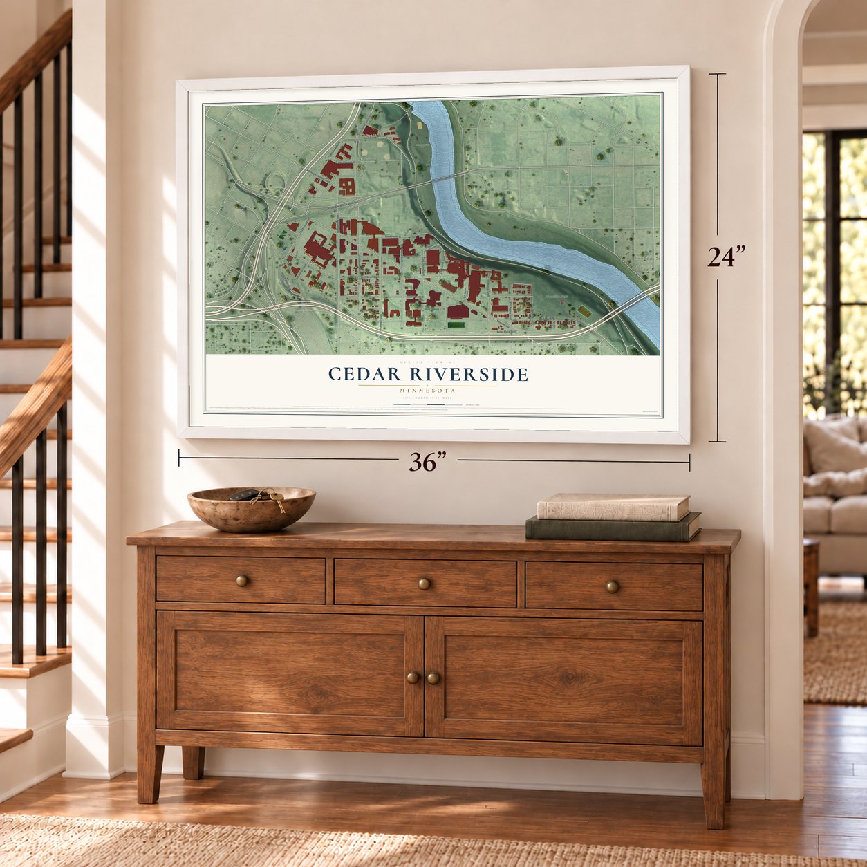 Cedar Riverside, Minnesota map, 24 x 36 inch print in a white frame above a dresser by a staircase