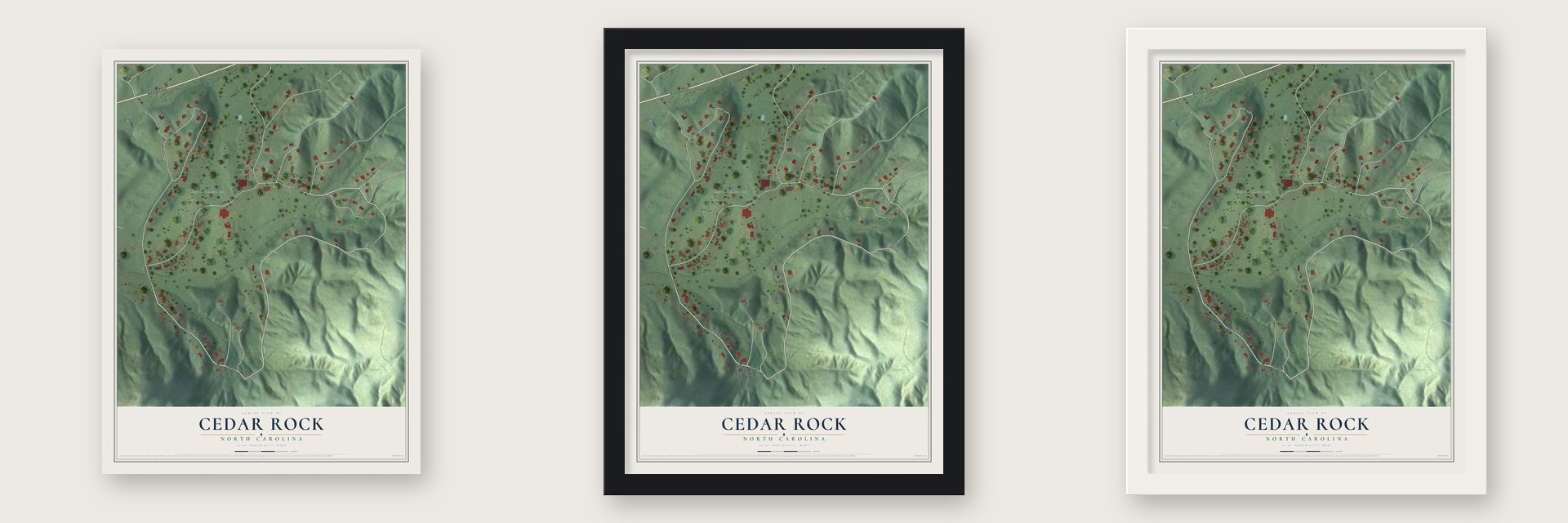 Cedar Rock, North Carolina map unframed, in a black wood frame and in a white wood frame