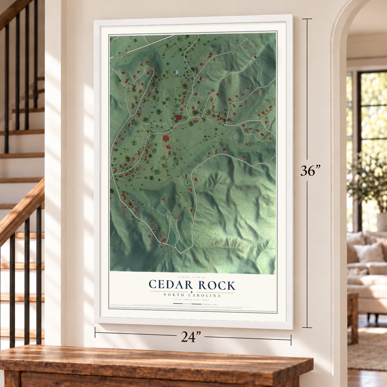 Cedar Rock, North Carolina map, 24 x 36 inch print in a white frame by a staircase