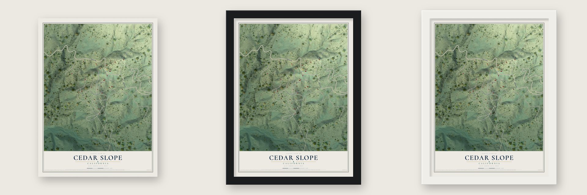 Cedar Slope, California map unframed, in a black wood frame and in a white wood frame