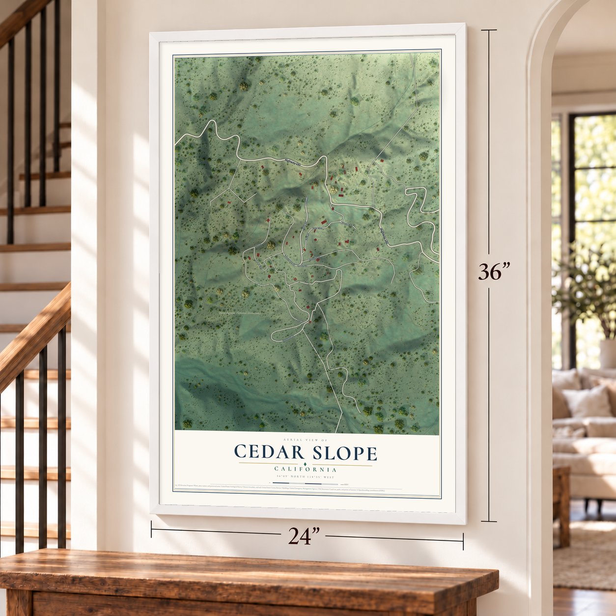 Cedar Slope, California map, 24 x 36 inch print in a white frame by a staircase