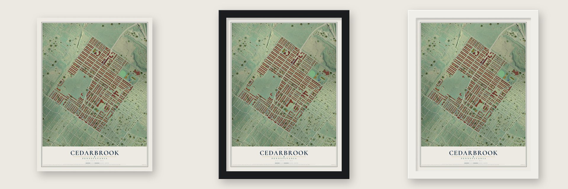Cedarbrook, Philadelphia, Pennsylvania map unframed, in a black wood frame and in a white wood frame