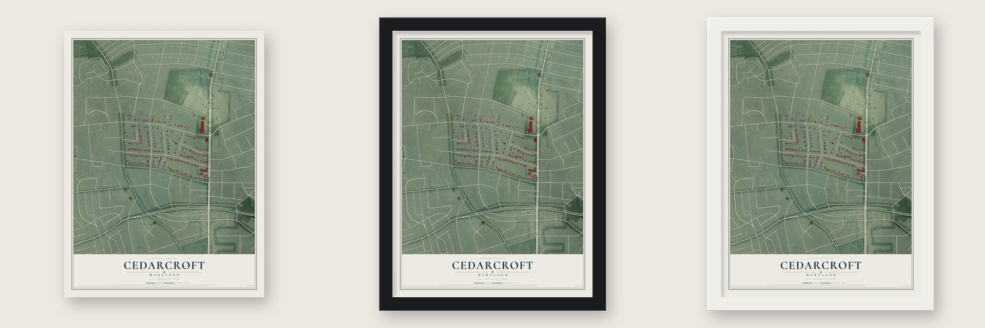 Cedarcroft, Maryland map unframed, in a black wood frame and in a white wood frame