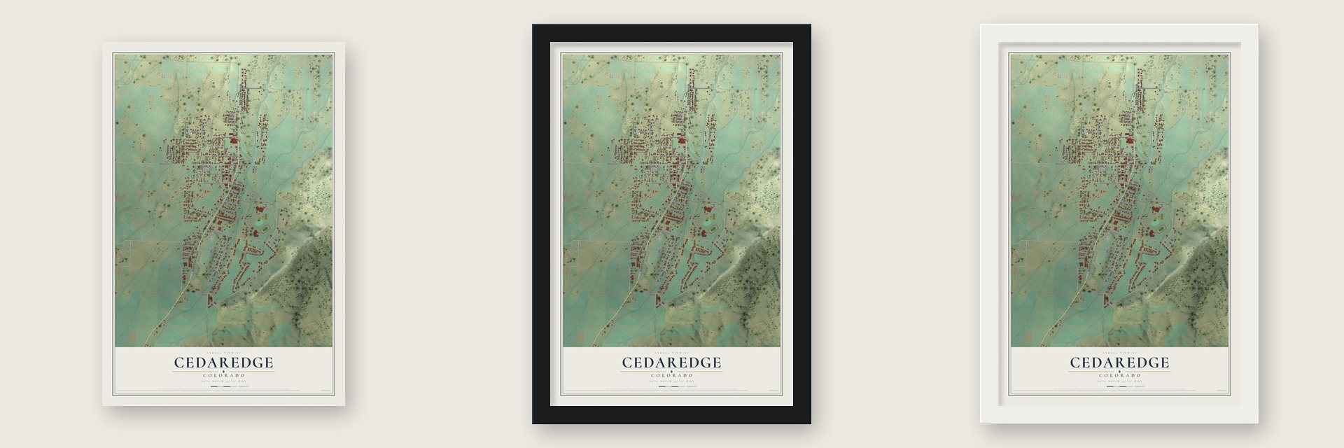 Cedaredge, Colorado map unframed, in a black wood frame and in a white wood frame