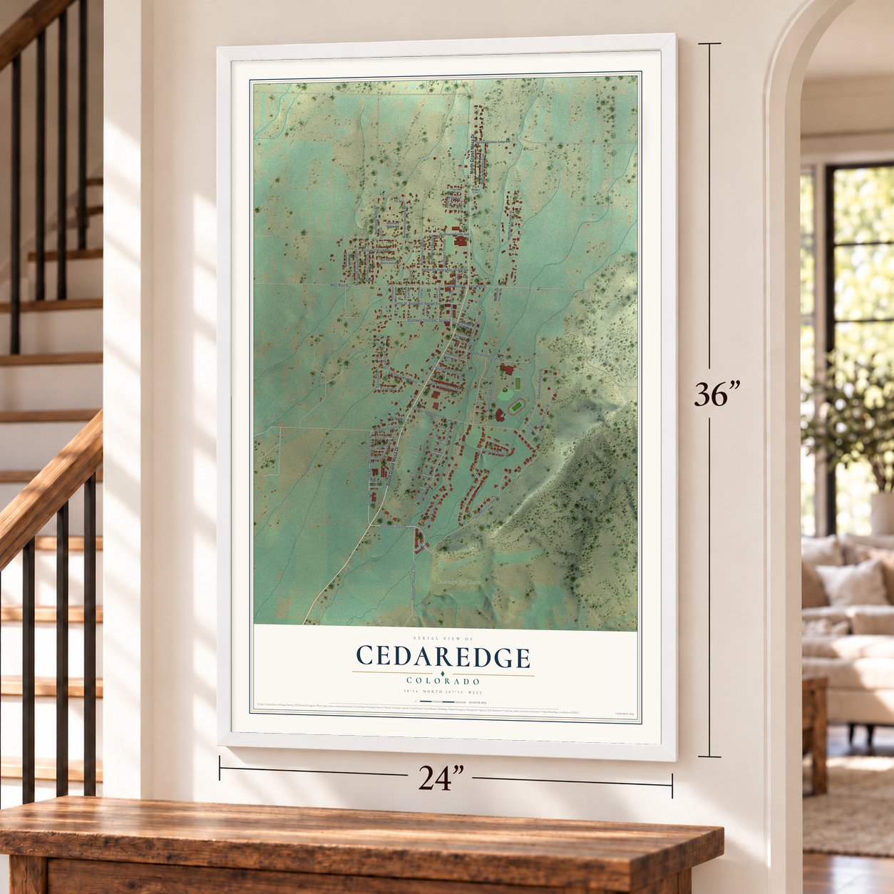 Cedaredge, Colorado map, 24 x 36 inch print in a white frame by a staircase