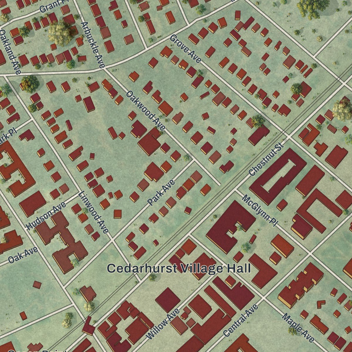 Second close-up of the map of Cedarhurst, New York print showing more streets and buildings