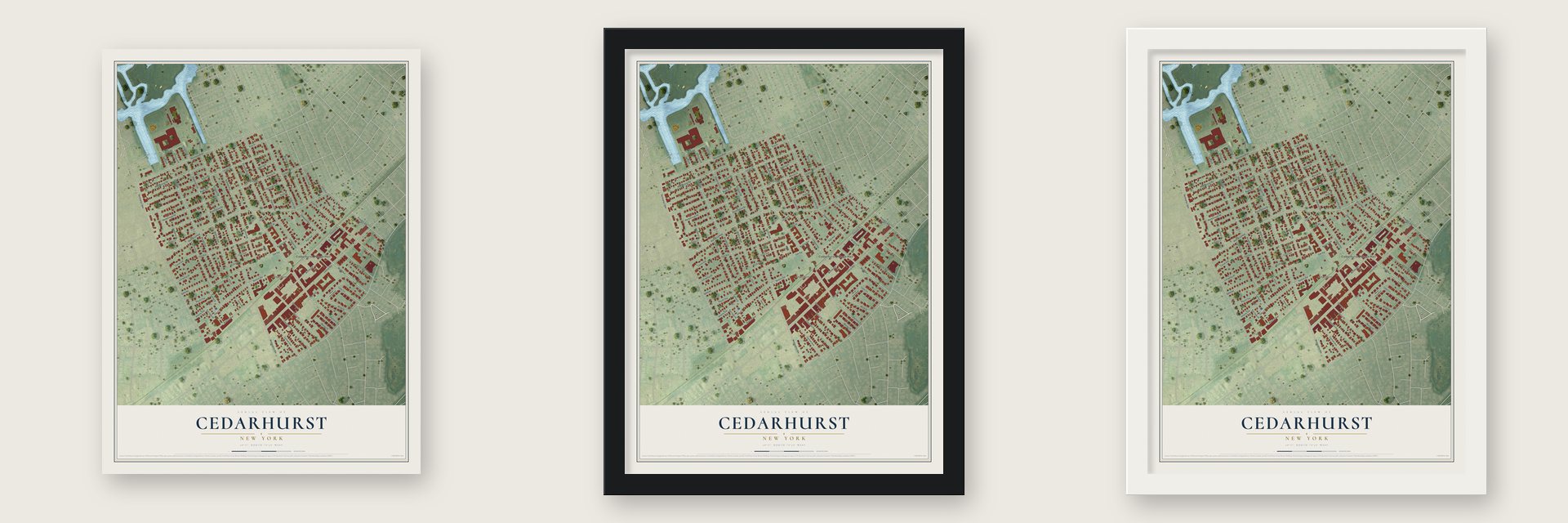 Cedarhurst, New York map unframed, in a black wood frame and in a white wood frame