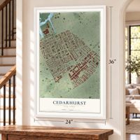 Cedarhurst, New York map, 24 x 36 inch print in a white frame by a staircase