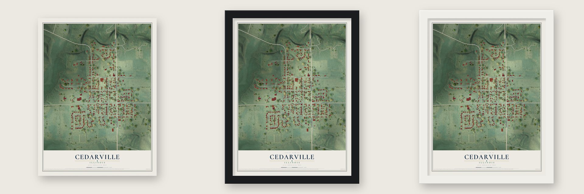Cedarville, Illinois map unframed, in a black wood frame and in a white wood frame