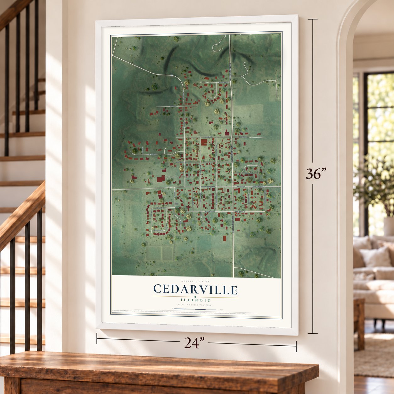 Cedarville, Illinois map, 24 x 36 inch print in a white frame by a staircase