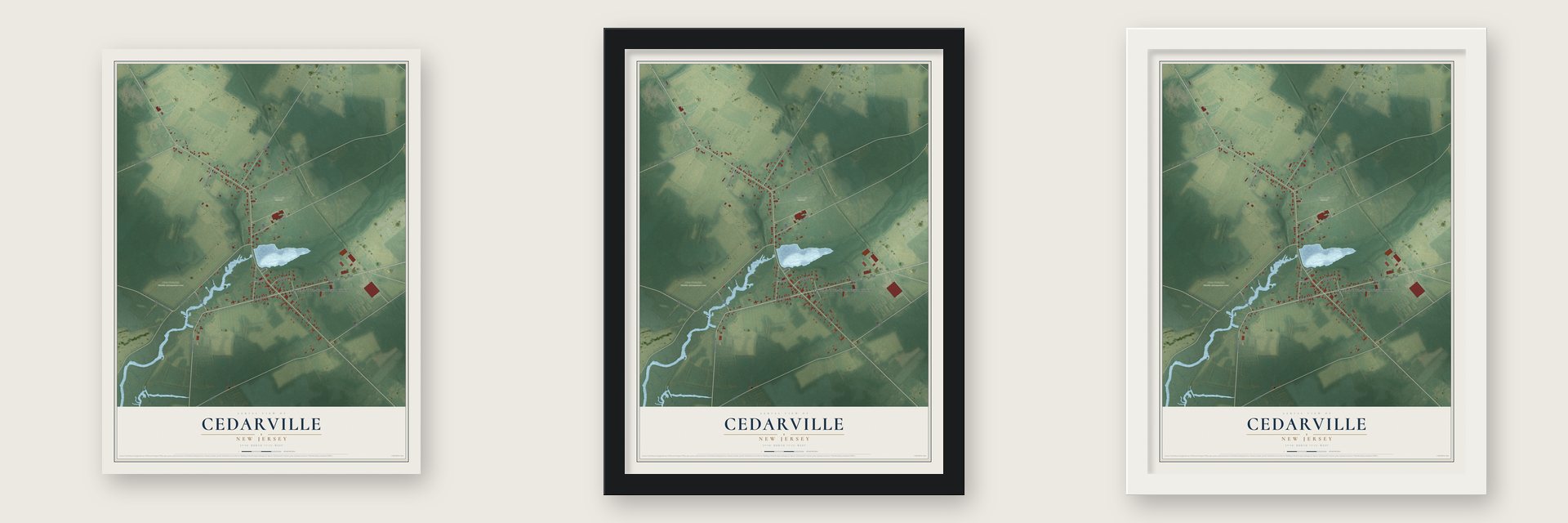 Cedarville, New Jersey map unframed, in a black wood frame and in a white wood frame