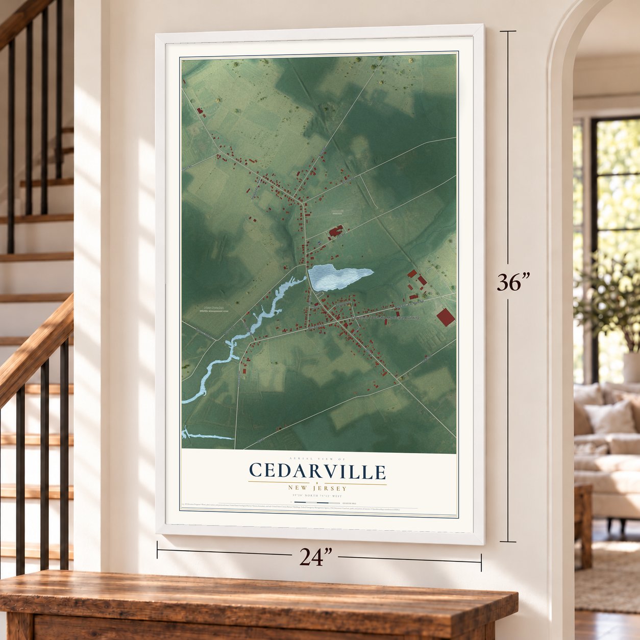 Cedarville, New Jersey map, 24 x 36 inch print in a white frame by a staircase