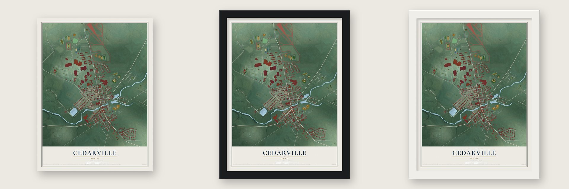Cedarville, Ohio map unframed, in a black wood frame and in a white wood frame