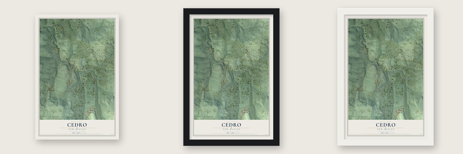 Cedro, New Mexico map unframed, in a black wood frame and in a white wood frame