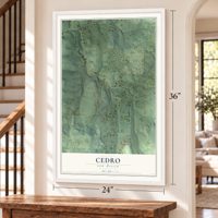 Cedro, New Mexico map, 24 x 36 inch print in a white frame by a staircase