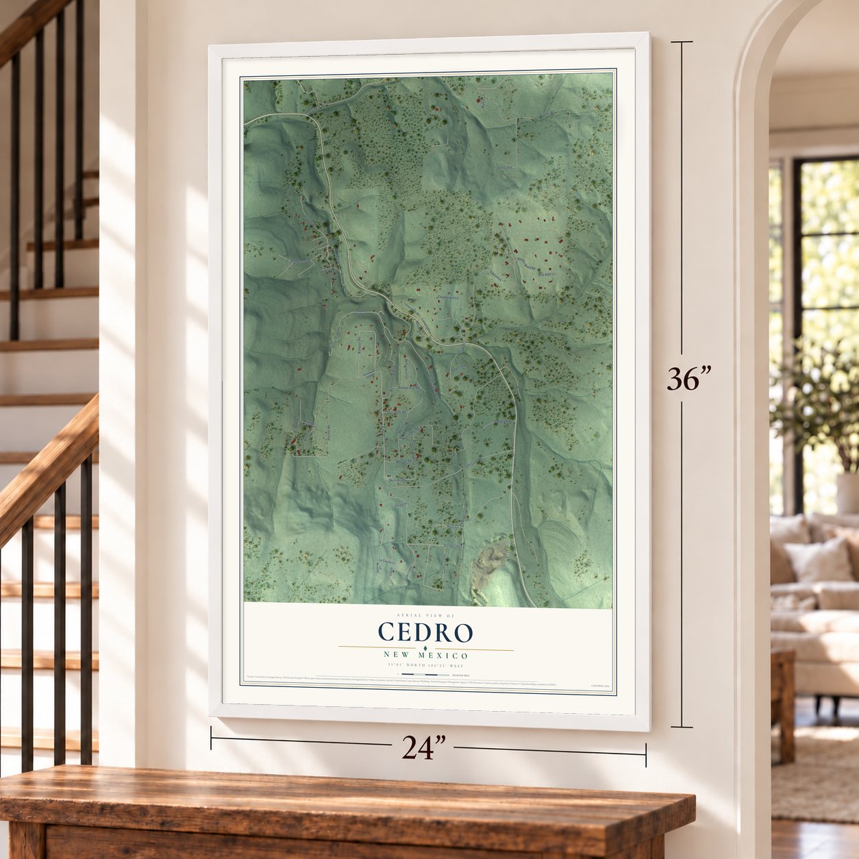Cedro, New Mexico map, 24 x 36 inch print in a white frame by a staircase