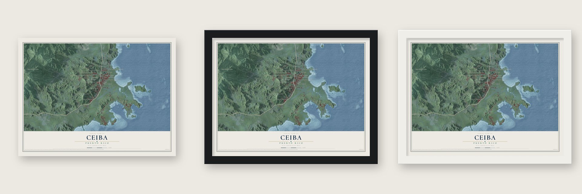 Ceiba, Puerto Rico map unframed, in a black wood frame and in a white wood frame