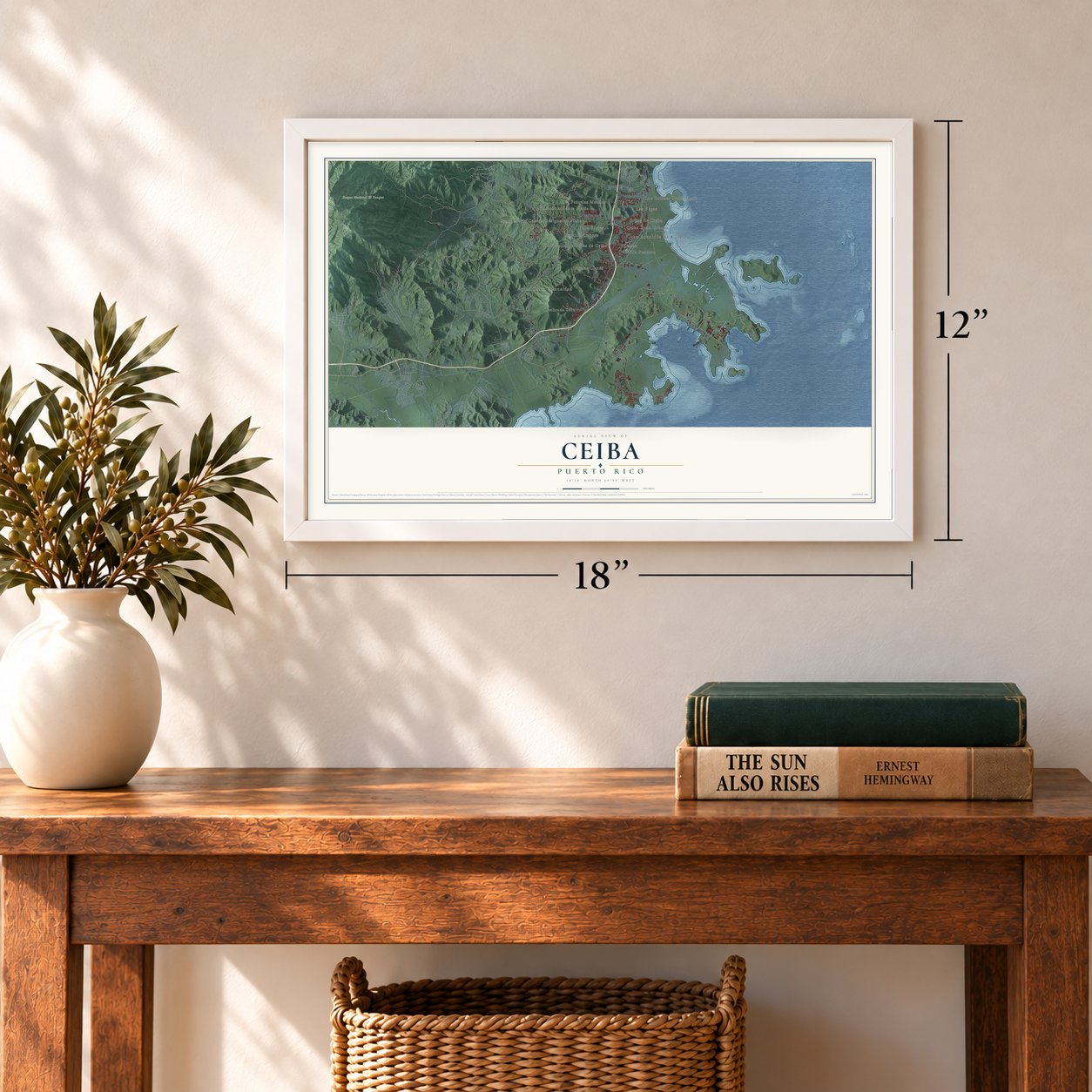 Ceiba, Puerto Rico map, 12 x 18 inch print in a white frame in an entryway
