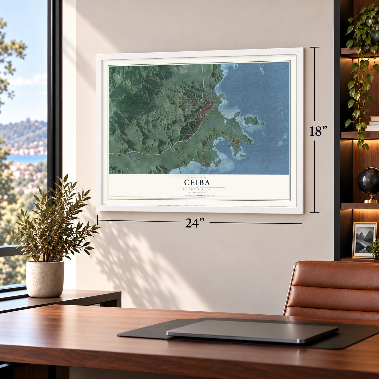 Ceiba, Puerto Rico map, 18 x 24 inch print in a white frame in a home office