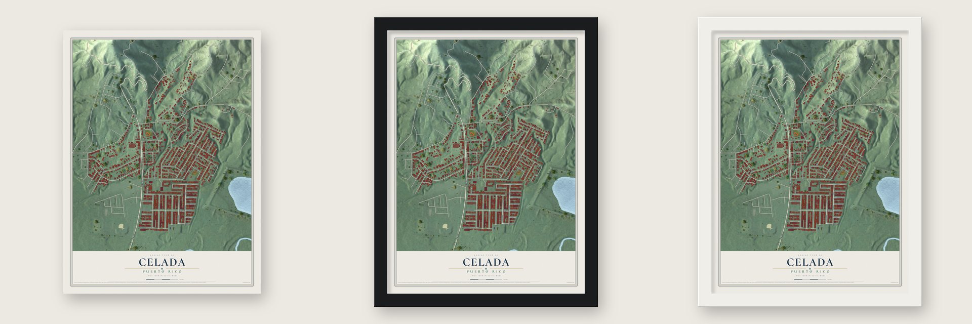 Celada, Puerto Rico map unframed, in a black wood frame and in a white wood frame