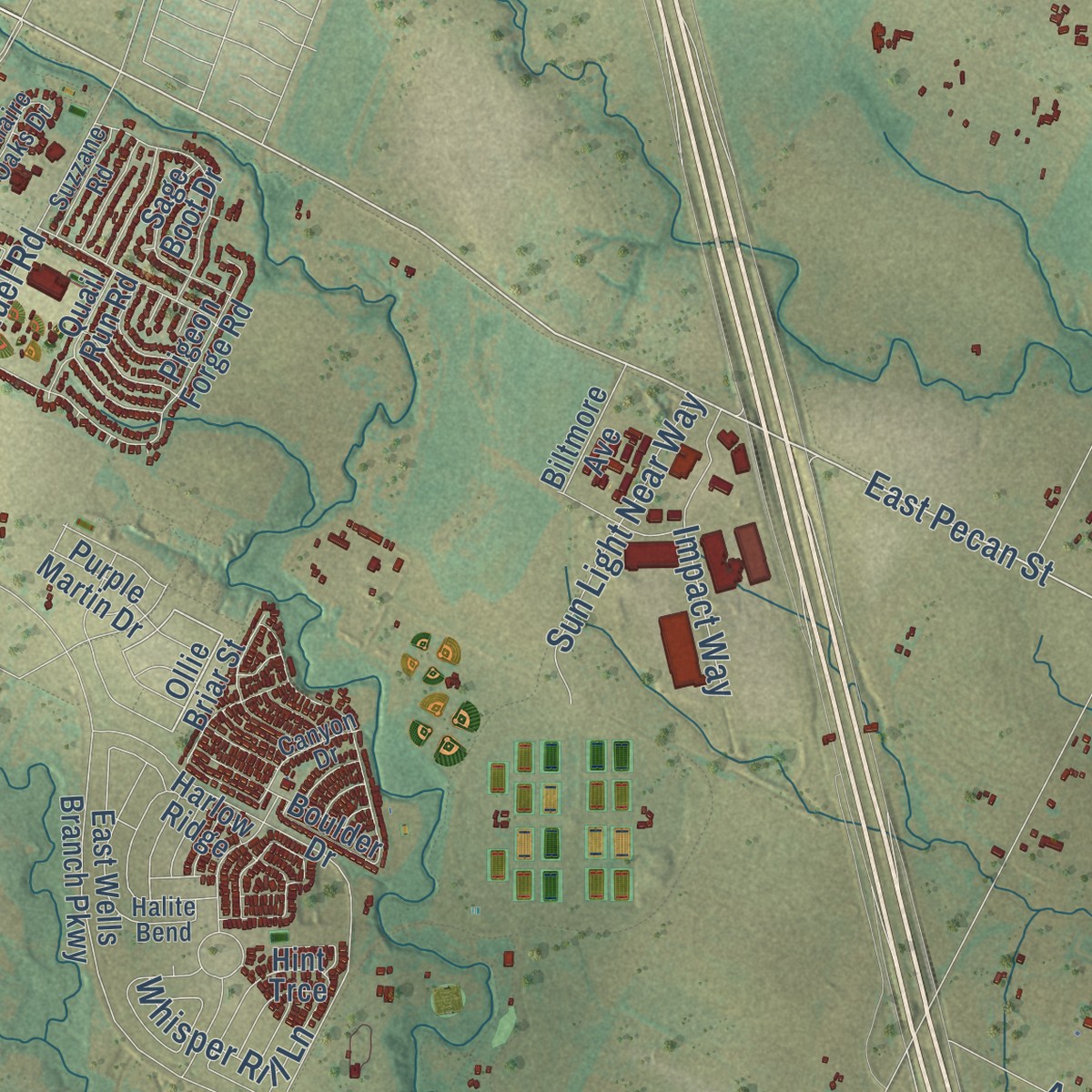 Second close-up of the map of Cele, Texas print showing more streets and buildings