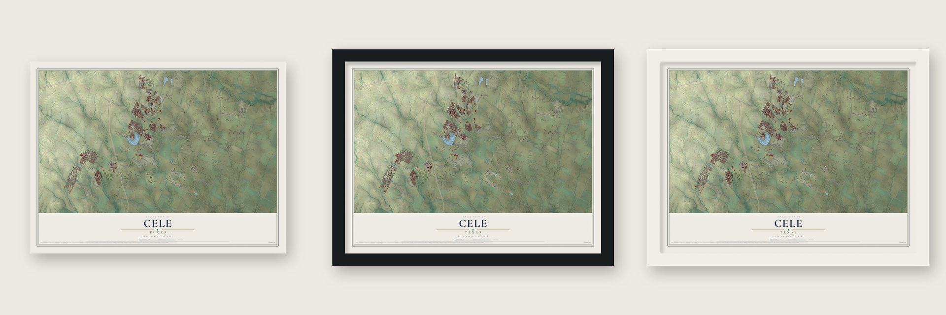 Cele, Texas map unframed, in a black wood frame and in a white wood frame