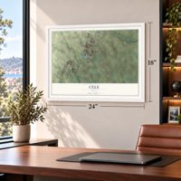 Cele, Texas map, 18 x 24 inch print in a white frame in a home office