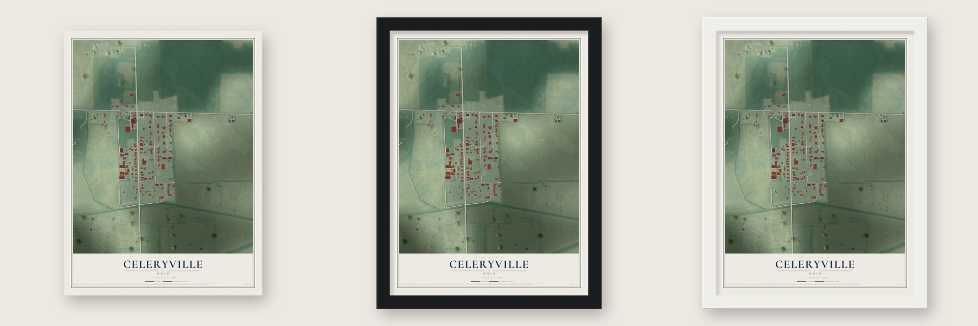 Celeryville, Ohio map unframed, in a black wood frame and in a white wood frame