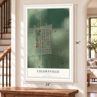 Celeryville, Ohio map, 24 x 36 inch print in a white frame by a staircase