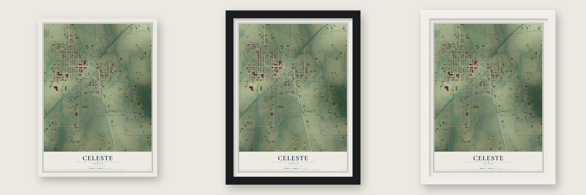 Celeste, Texas map unframed, in a black wood frame and in a white wood frame
