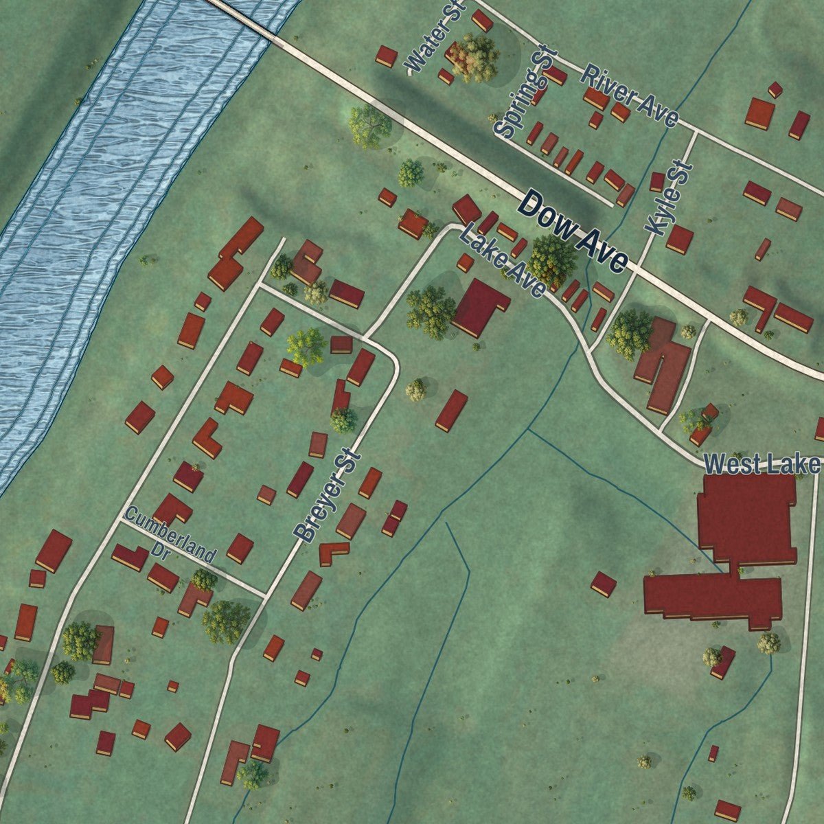Second close-up of the map of Celina, Tennessee print showing more streets and buildings